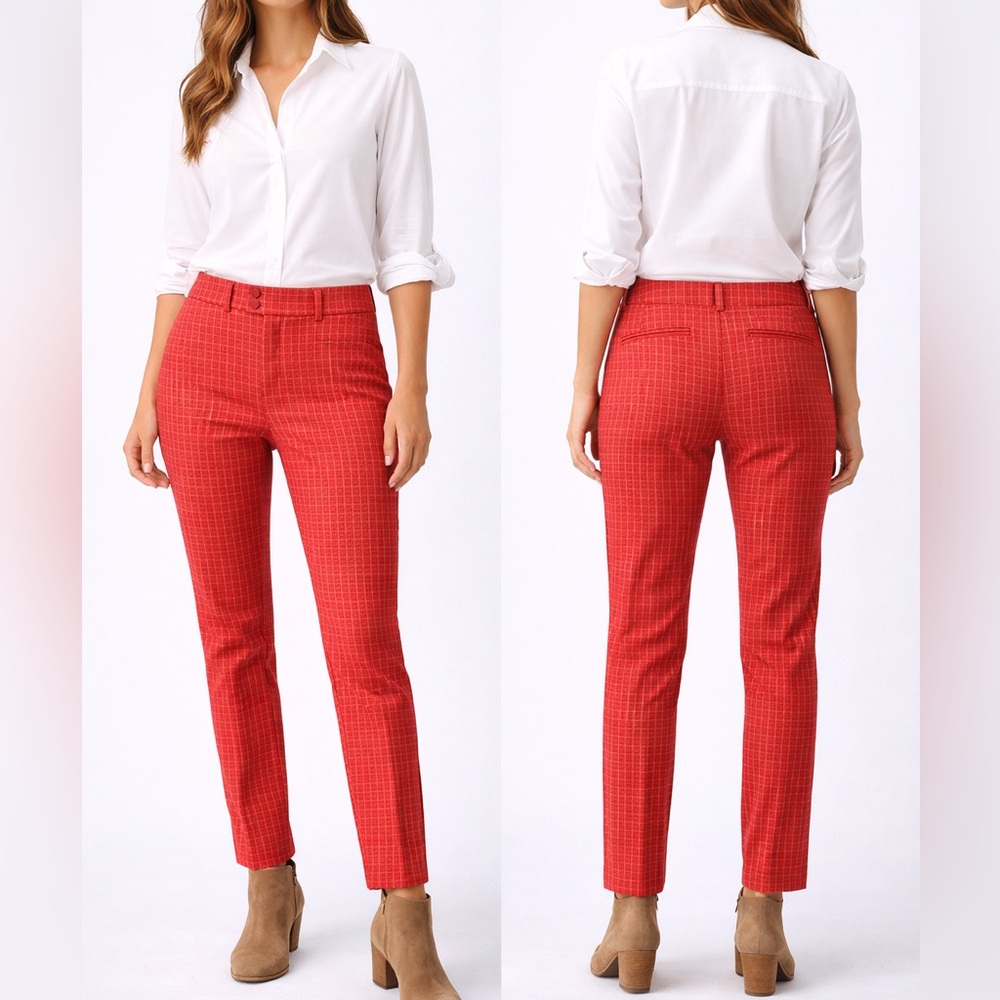 Anthropologie The Essential Slim Red Windowpane Plaid Ankle Pants